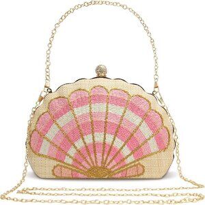 Women's Straw Woven Clutch Purse Small Embroider Shell Pattern Handbag